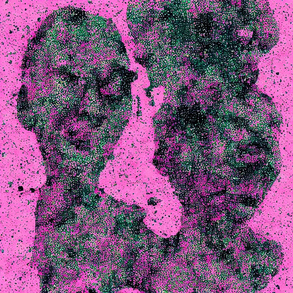 Image similar to camo made of out teeth, smiling, abstract, maya bloch artwork, pink convertible, do hoang tuong artwork, cryptic, dots, stipple, lines, splotch, color tearing, pitch bending, faceless people, dark, ominous, eerie, minimal, points, technical, old painting