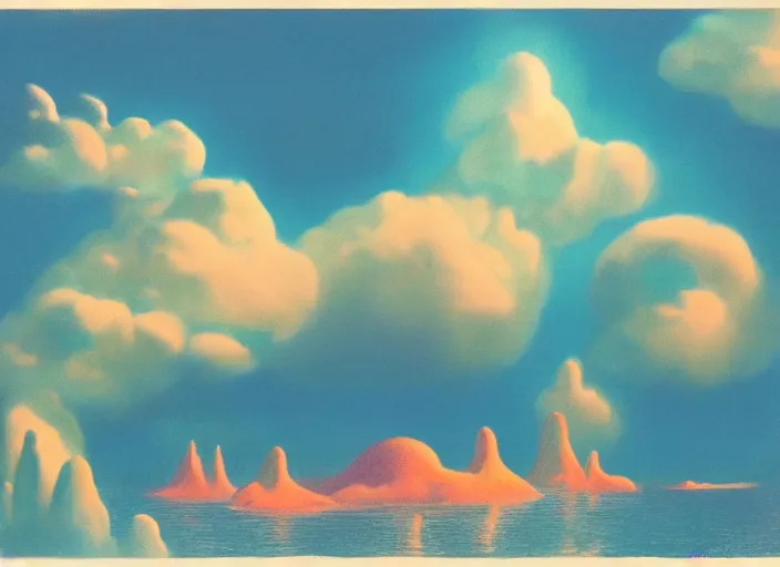 Prompt: floating islands, idyllic, menacing, nebulous clouds, thundrous hellish floating crumbling islands particulate and shivering cold of the apocalypse, hyperfluorescent saturated pastel pleasing - palette matte painting matte painting from fantasia ( 1 9 4 1 )