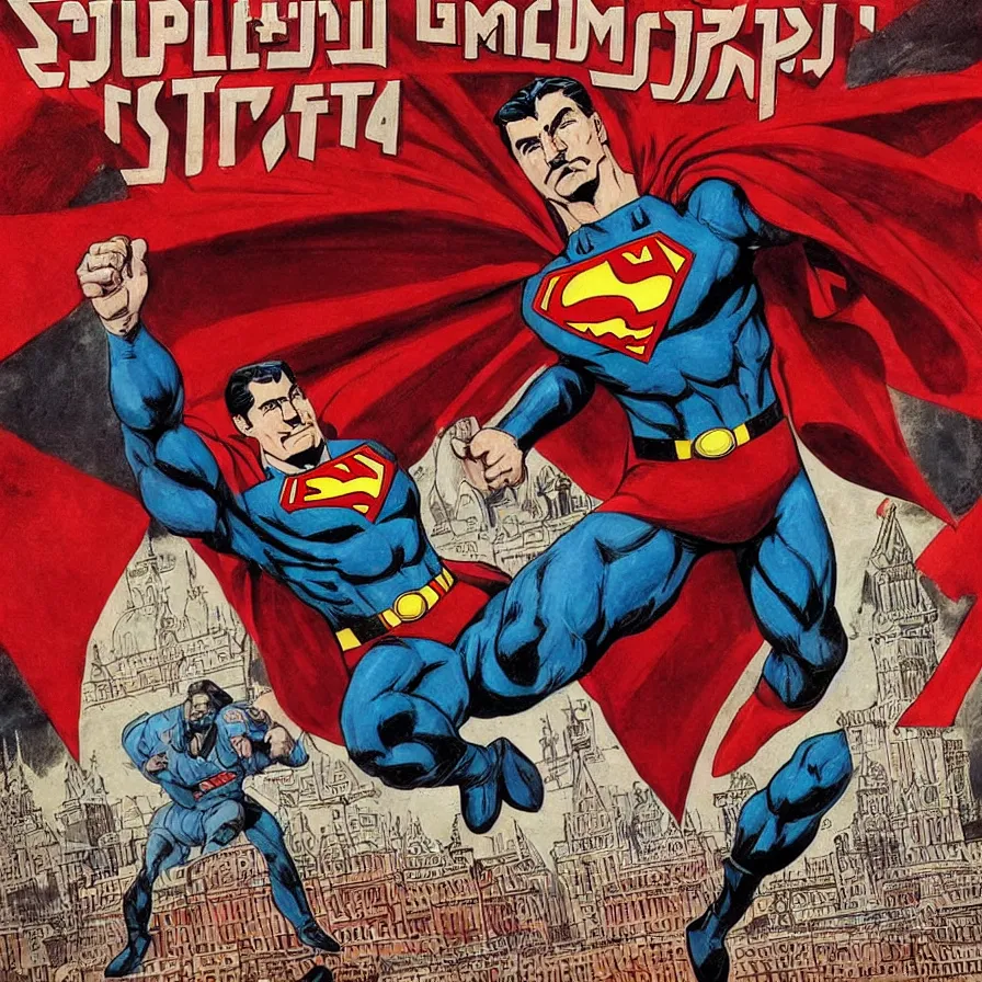 Image similar to epic comic book cover of stalin as superman floating over the red square ( moscow ), aesthetically pleasing, socialist realism, finely detailed features, photorealistic, intricate digital art, trending artstation, artgem, rich moody colors, fan art, concept art, in the style of the red son, by cory walker and ryan ottley