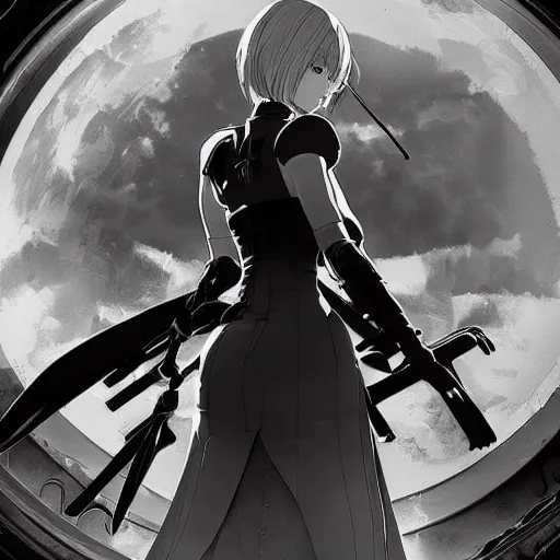 Image similar to a beautiful portrait of Nier Automata in a science fiction environment by ansel adams