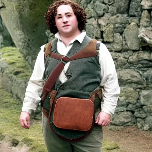 Image similar to (pudgy) british lad with short curly dark brown hair as a hobbit wearing a white men's crossbody sling chest bag and blue vest