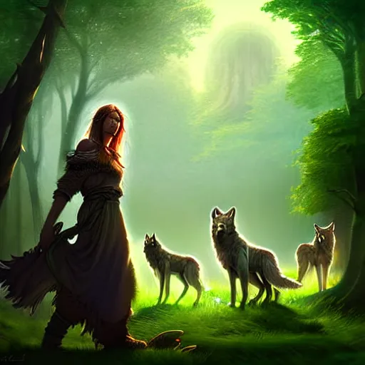 Image similar to a pretty druid surrounded by wolves digital painting, photorealistic, in the style of greg rutkowski, full body, detailed face