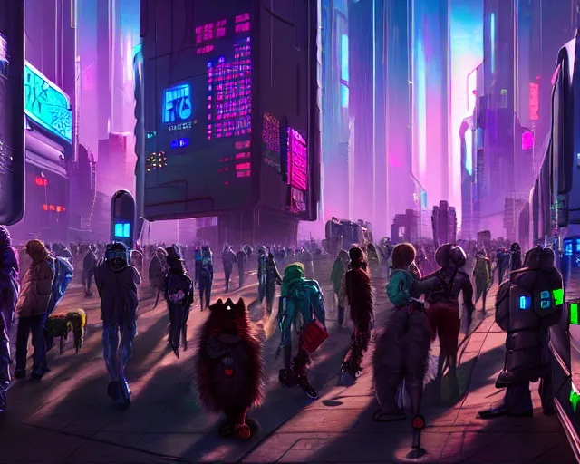 Image similar to high - resolution photograph from a cyberpunk era furry fandom convention ( midwest furfest 2 0 4 7 ), taking place after the genetic revolution and singularity. photorealistic.