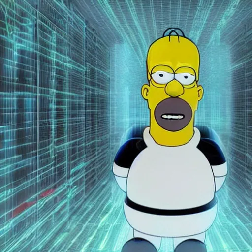 Image similar to An octane render of Homer Simpson in the Matrix