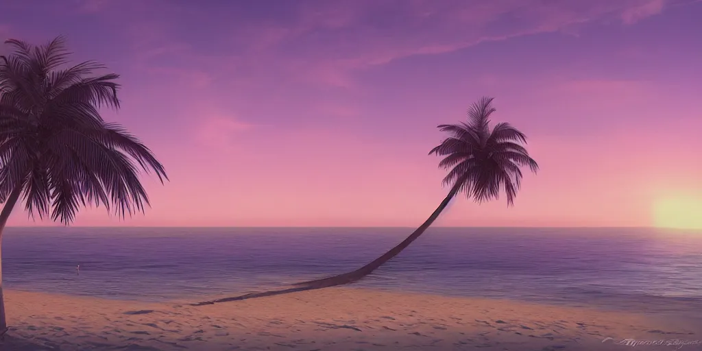 Image similar to purple sunset. palm trees. beach. realistic. digital concept art. fluffy