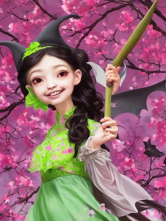 Image similar to Full shot of a cute mischievous young spring witch about to get up to some trouble with her playful bat familiar. Latin American fashion. Floral patterns. cherry blossoms. Bats. Black and Pink and Lime Green palette. Magic. Latina girl. brown skin. defined facial features, symmetrical facial features. Smiling. By Ruan Jia and Artgerm and Range Murata and WLOP and Ross Tran and William-Adolphe Bouguereau. Key Art. Fantasy Illustration. award winning, Artstation, intricate details, realistic, Hyperdetailed, 8k resolution.