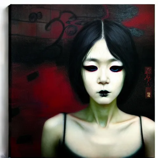 Image similar to yoshitaka amano blurred and dreamy realistic three quarter angle portrait of a young woman with black lipstick and black eyes wearing office suit, junji ito abstract patterns in the background, satoshi kon anime, noisy film grain effect, highly detailed, renaissance oil painting, weird portrait angle, blurred lost edges