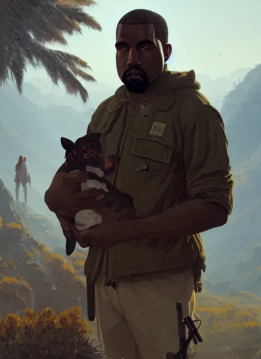 Image similar to highly detailed portrait kanye holding ak in gta v stephen bliss unreal engine fantasy art by greg rutkowski loish rhads ferdinand knab makoto shinkai lois van baarle ilya kuvshinov rossdraws tom bagshaw global illumination radiant light detailed intricate environment