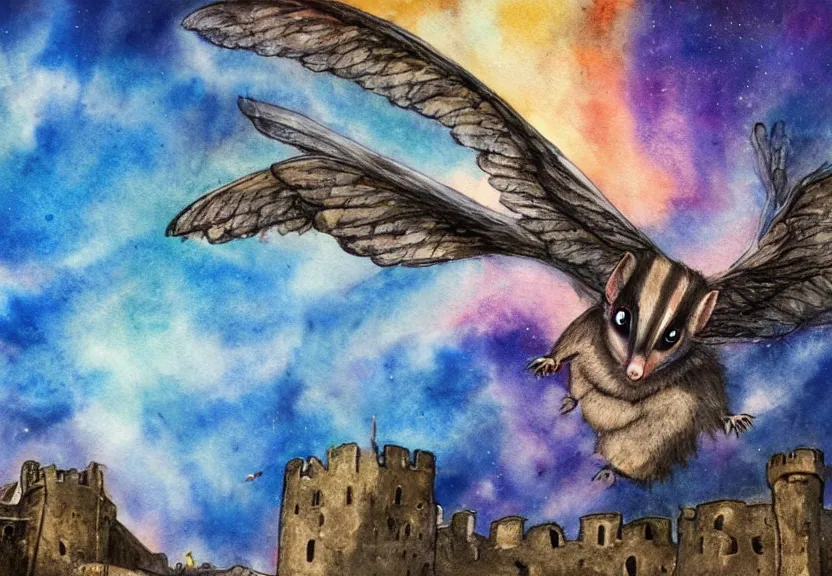 Prompt: legendary colorful winged possum flying over a medieval castle at night under the dark starred sky, dark fantasy, watercolor, dreaming illusion, highly detailed, 4k, trending on Artstation