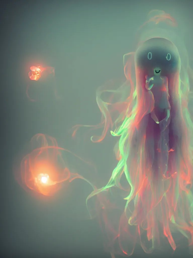 Prompt: cute fumo plush smiling ectoplasmic gothic jellyfish ghost girl, dancing on a foggy riverbank, glowing wisps of hazy smoke, lens flare, vignette, refraction, vray