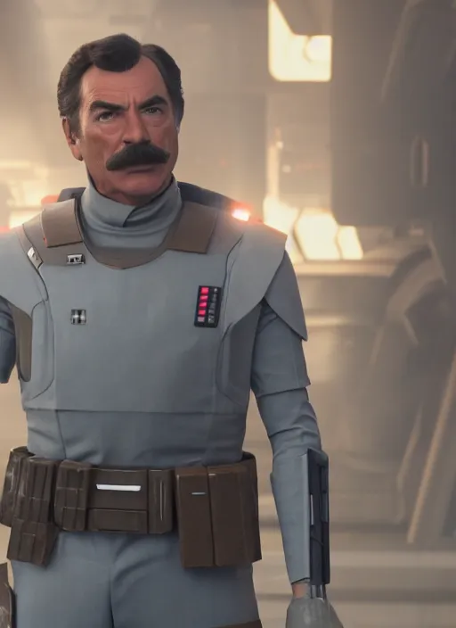 Prompt: film still of tom selleck as cal kestis in star wars jedi fallen order, gameplay, 8 k, hd