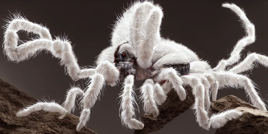Image similar to white tarantula spider with red eyes, white background, fur, very realistic, highly detailed, hyperrealism, photo, by greg rutkowski, cinematic, dynamic lighting, octane render