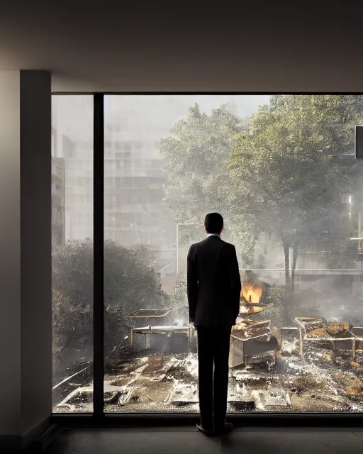 Image similar to a man stands by his kitchen window in a suit looking across the street at a fast food restaurant there is burnt food on the stove, hyper realism, cinematic, volumetric lighting, octane render, unreal engine, 8 k, digital art, deviantart artstation, ray tracing, intricate complexity, extremely detailed,