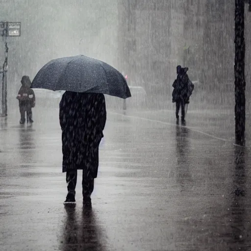 Prompt: an umbrella covering an old man in the rain, wide lens, 4 k