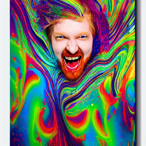 Prompt: a portrait of a laughing man with ginger hair being pulled apart, by ross tran, psychedelic, rainbow, swirling splattered colors, otherworldly, abstract
