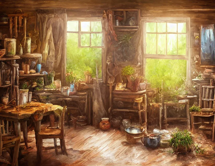 Prompt: expressive rustic oil painting, interior view of a cluttered herbalist cottage, waxy candles, wood furnishings, herbs hanging, wood chair, light bloom, dust, ambient occlusion, morning, rays of light coming through windows, dim lighting, brush strokes oil painting