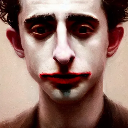 Image similar to cinematic portrait of timothee chalamet as the joker, perfect face, neon rain, moody, elegant, by alyssa monks, highly detailed, symmetrical face, fine details, masterpiece, trending on artstation