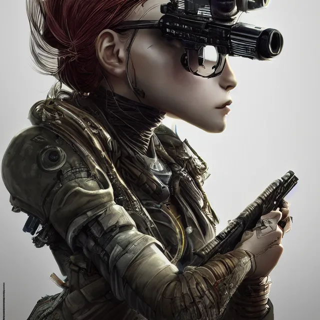 Image similar to the portrait of lawful neutral female cyberpunk infantry sniper as absurdly beautiful, gorgeous, elegant, young woman looking up, an ultrafine hyperdetailed illustration by kim jung gi, irakli nadar, intricate linework, bright colors, octopath traveler, final fantasy, unreal engine 5 highly rendered, global illumination, radiant light, detailed and intricate environment