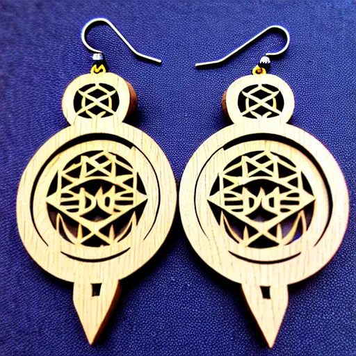 Image similar to 2 d wood lasercut earrings, mystical symbols, 8 k, hd, trending on amazon on artstation, trending on deviantart, trending on etsy, epic digital art