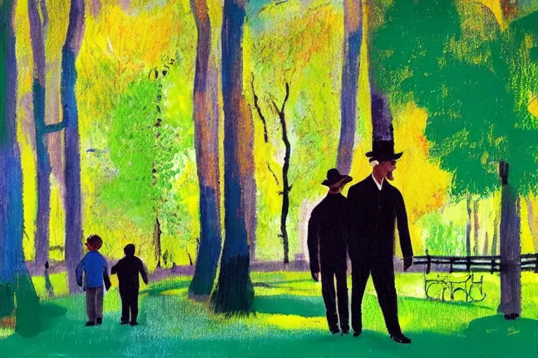 Image similar to a very tall man named John with dark hair holding the hands of a short young boy named Alex with dark hair as they walk in a park on a bright beautiful colorful day. part in the style of an edgar degas painting. part in the style of david hockney