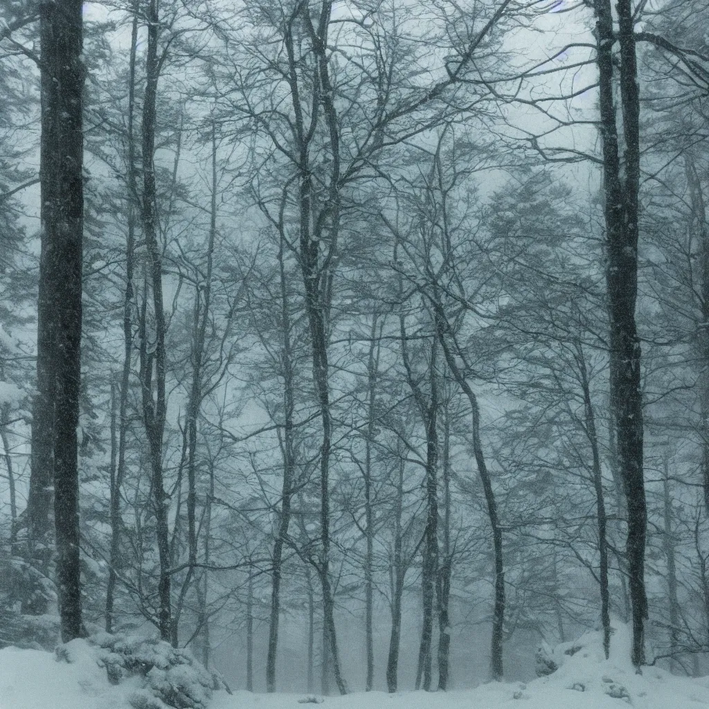 Image similar to photo, bigfoot is hiding in the background. cold color temperature, snow storm. hazy atmosphere. humidity haze. kodak ektachrome, greenish expired film, award winning, low contrast