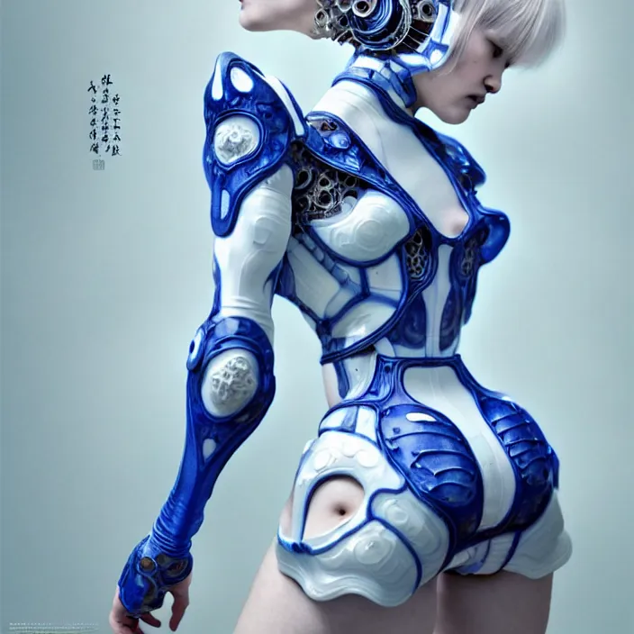 Prompt: porcelain cyborg, Chinese Blue and white porcelain exoskeleton 14th century, diffuse lighting, fantasy, intricate, elegant, highly detailed, lifelike, photorealistic, digital painting, artstation, illustration, concept art, smooth, sharp focus, art by John Collier and Albert Aublet and Krenz Cushart and Artem Demura and Alphonse Mucha