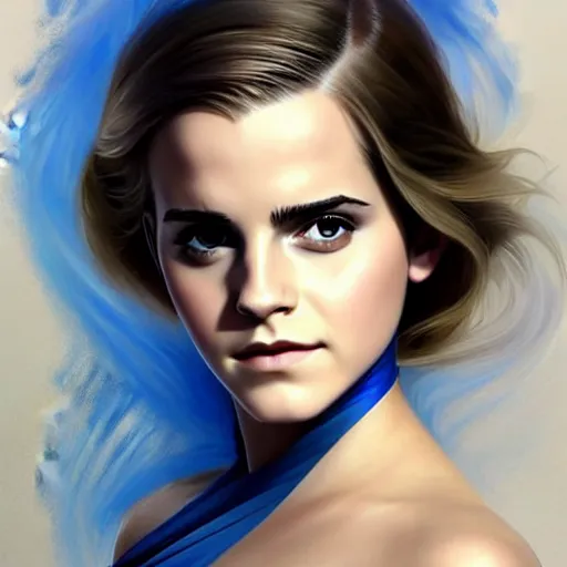 Prompt: Emma Watson's face combined with Grace Kelly's face with blue hair wearing Final Fantasy Armor, western, D&D, fantasy, intricate, elegant, highly detailed, digital painting, artstation, concept art, matte, sharp focus, illustration, art by Artgerm and Greg Rutkowski and Alphonse Mucha