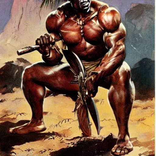 Prompt: a muscular warrior from sub - saharan africa, crouching and holding a weapon. frank frazetta, earl norem, bob larkin.