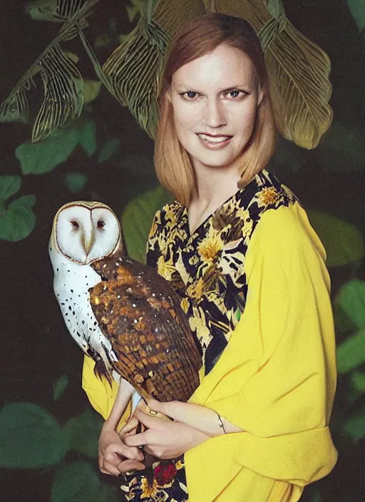 Image similar to grainy head to shoulder portrait Polaroid film photograph of an elegant top model wearing a yellow kimono with a very detailed barn owl on her shoulder!!! in a tropical greenhouse. looking at the camera!!. super resolution. Extremely detailed. Polaroid 600 film. art by Rineke Dijkstraand Annie Leibovitz.