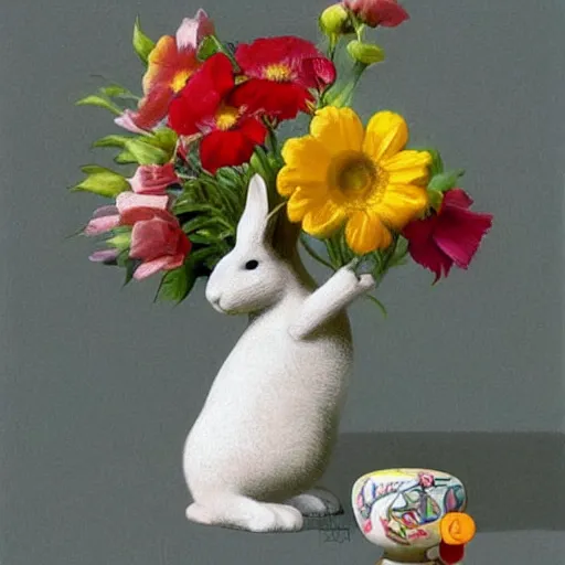 Prompt: The drawing is a beautiful and playful work that perfectly encapsulates the artist's unique style. The drawing features a rabbit made out of ceramic, which is surrounded by brightly colored flowers. The work is both charming and sophisticated, and it is sure to bring a smile to any viewer's face. pastel by Serge Marshennikov, by Ryoji Ikeda