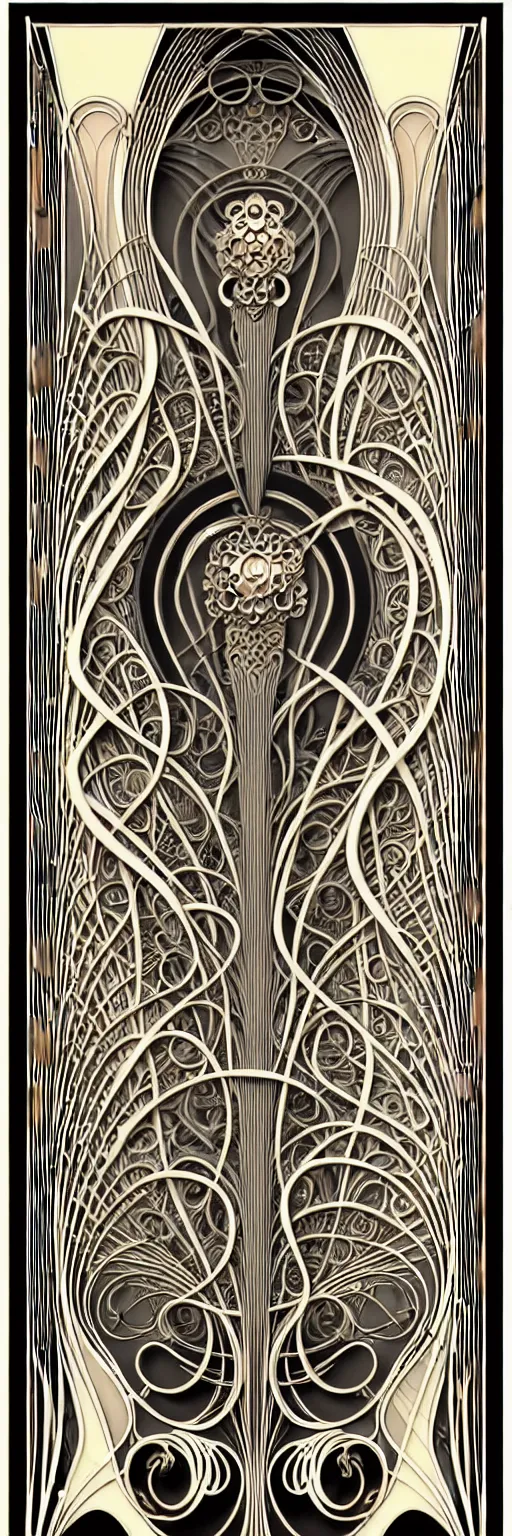 Prompt: the source of future growth dramatic, elaborate emotive 3D Art Nouveau frame styles to emphasise beauty as a transcendental, seamless pattern, symmetrical, large motifs, hyper realistic, 8k image, 3D, supersharp,Art nouveau 3D curves and swirls, Art Nouveau mandala, pearls and oyesters, colored electrical Wires, black cables, ropes, Glass and metal pipes, long wavy hair, vibrant jasmine and cherry blossom flowers, satin ribbons, pearls and chains, iridescent rainbow and black and pastel colors , perfect symmetry, iridescent, High Definition, Octane render in Maya and Houdini, light, shadows, reflections, photorealistic, masterpiece, smooth gradients, no blur, sharp focus, photorealistic, insanely detailed and intricate, cinematic lighting, Octane render, epic scene, 8K