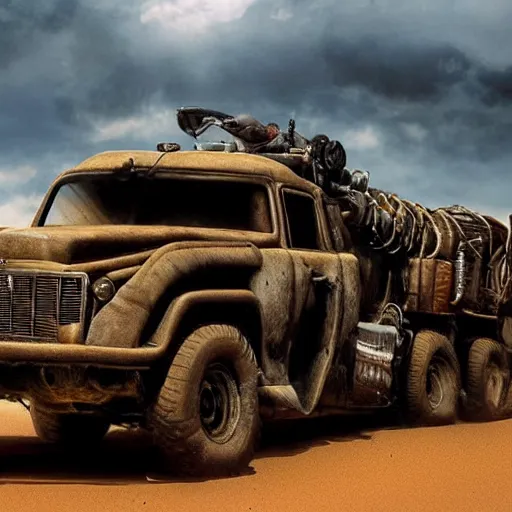 Prompt: rhinoceros truck in the style of mad max, cinematic composition, intricate photorealism, high detail, many exotic high end features