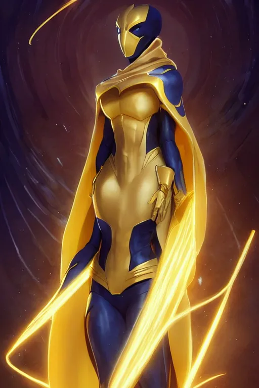 Image similar to anime key visual of a beautiful young female doctor fate!! intricate, cape, glowing, powers, dc comics, cinematic, stunning, highly detailed, digital painting, artstation, smooth, hard focus, illustration, art by artgerm and greg rutkowski and alphonse mucha