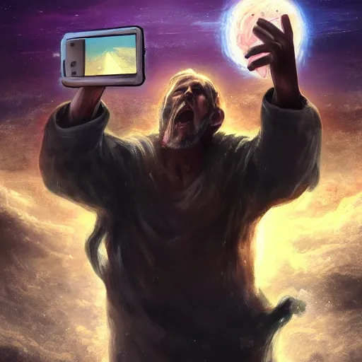 Image similar to god takes a selfie from the end of the world, apocalyptic, Artstation