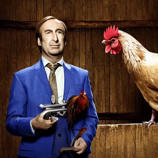 Image similar to saul goodman and a rooster in a saw movie torture chamber, scary torture devices in the background, saul goodman, rooster, photo