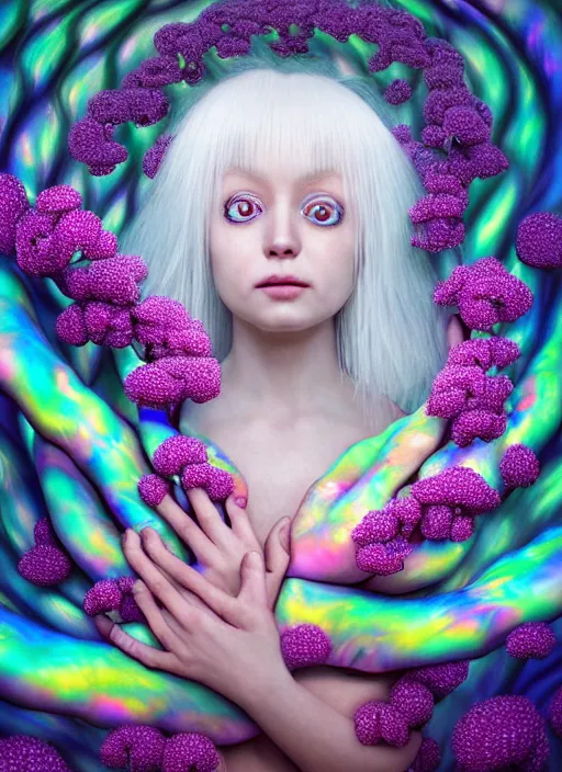 Image similar to hyper detailed 3d render like a Oil painting - kawaii portrait Aurora (white haired Singer Weasle) seen Eating of the Strangling network of yellowcake aerochrome and milky Fruit and Her delicate Hands hold of gossamer polyp blossoms bring iridescent fungal flowers whose spores black the foolish stars by Jacek Yerka, Mariusz Lewandowski, Houdini algorithmic generative render, Abstract brush strokes, Masterpiece, Edward Hopper and James Gilleard, Zdzislaw Beksinski, Mark Ryden, Wolfgang Lettl, hints of Yayoi Kasuma, octane render, 8k