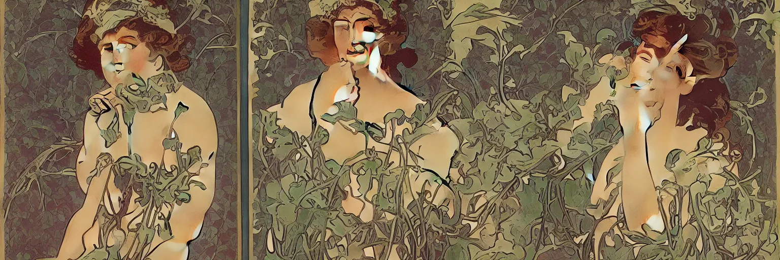 Image similar to Colab between alphonse mucha and Rene Magritte