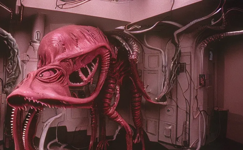 Image similar to peppa the pig infected by xenomorph from movie alien 1 9 7 9, staying at nostromo spaceship. extreme long shot, 4 k, cinestill, giger, hermann nitsch, dark colors