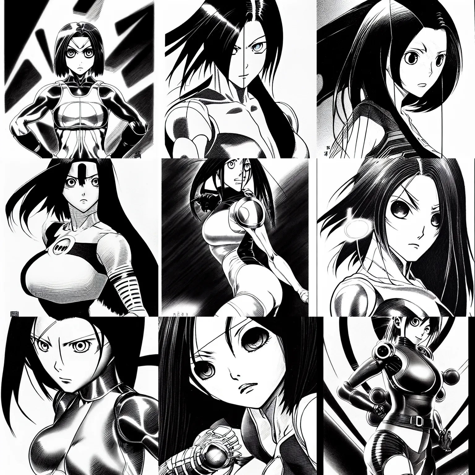 Image similar to alita by yukito kishiro. medium shot. black and white manga. pencil drawing.