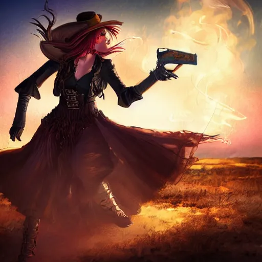 Image similar to Fantasy digital art for magic the gathering card, action shot of a wild west witch with a revolver firing out a red magical spell. Background has wild west scenery behind her at night.