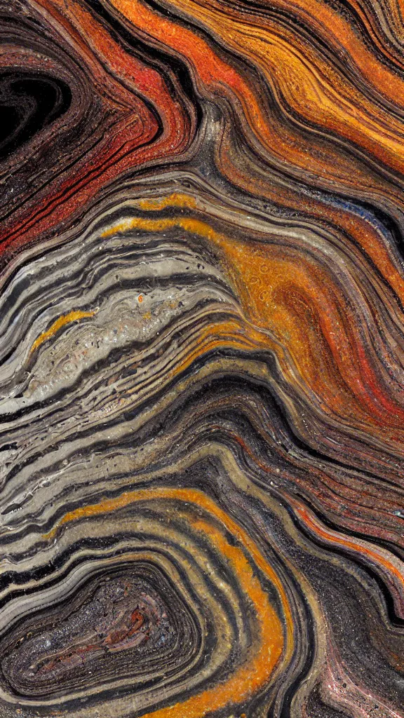 Prompt: vivid color, alien sedimentary schematic, organic swirling igneous rock, marbled veins, architectural drawing with layers of strata, ochre, sienna, black, gray, olive, mineral grains, dramatic lighting, rock texture, flowing crystal, sand by James jean, geology, octane render in the style of Luis García Mozos