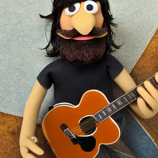 Image similar to bearded dave grohl as a muppet playing guitar. highly detailed felt. hyper real photo. 4 k.