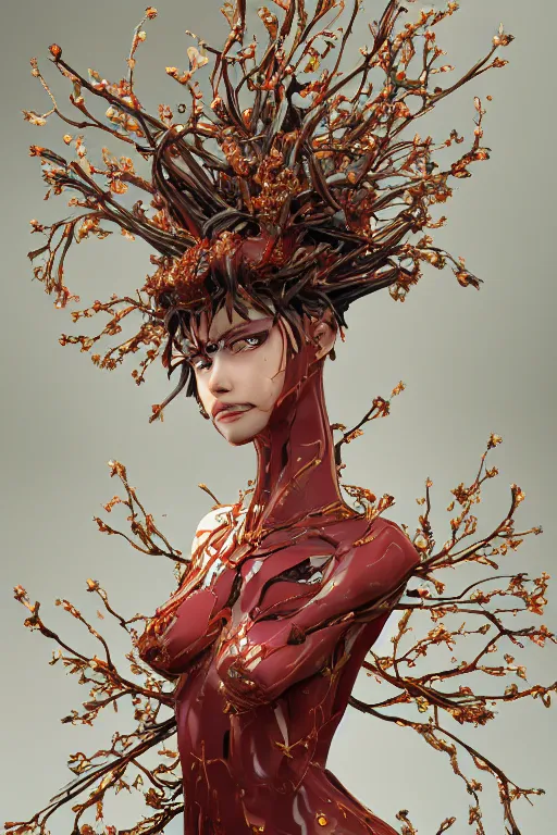 Image similar to realistic 8k stunning intricate Evangelion Siren Queen character design. Kintsugi. by Daytoner, Greg Tocchini, Yoshitaka Amano. Intricate Empress Crown made of sentient mycelium jewels and gems. subtle misty xparticles. Scattered Cherry blossoms Hyperrealism. Subsurface scattering. Directed by Denis Villeneuve. Octane Render