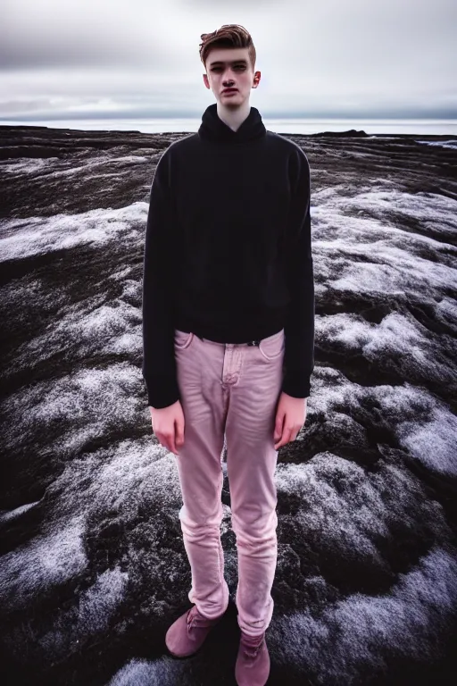 Prompt: high quality pastel coloured film mid angle selfie photograph of a beautiful young 2 0 year old male, soft features, short black hair, standing in an icelandic black rock environment. atmospheric. subsurface scattering. three point light. photographic. art directed. ( pastel colours ). volumetric light. clearcoat. waves glitch. 8 k. filmic.