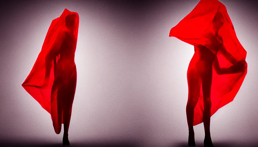 Image similar to fashion photograph of invisible figure wrapped in red sheet in darkness, high contrast, hard light, digital art, rendering, cloth simulation, redshift