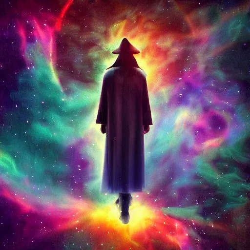 Prompt: Wizard floating through a nebula pondering their orb, highly detailed, featured