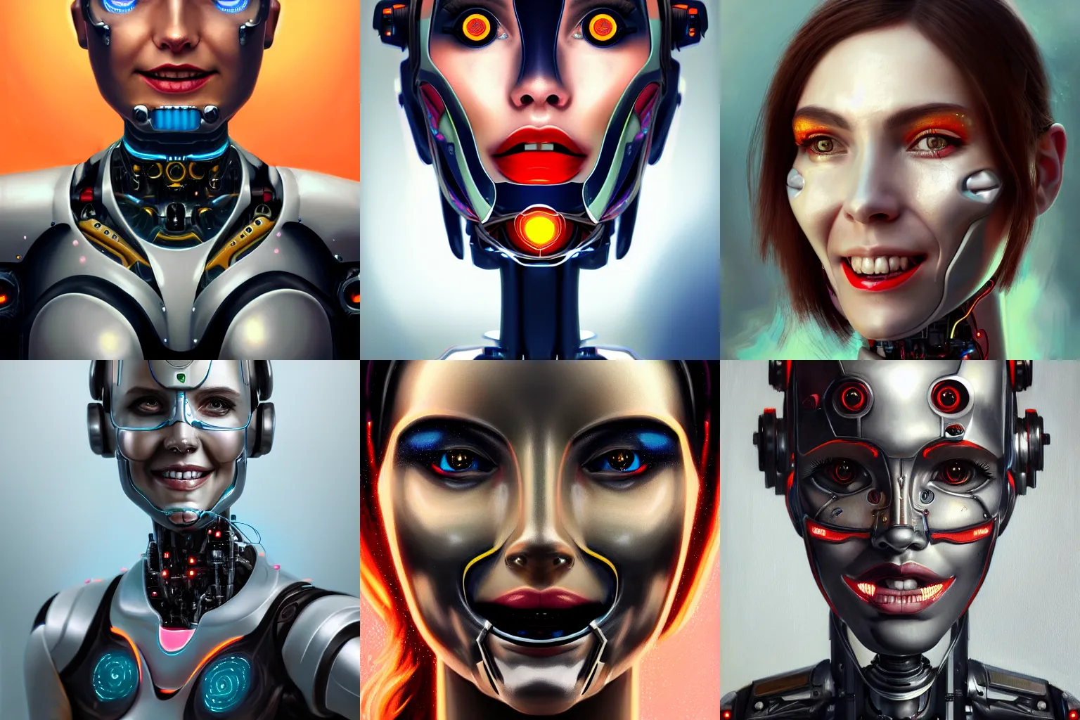 Prompt: cheerful cyborg robot woman portrait painting, looking straight, trending on artstation, 4k, realism, detailed, ornate