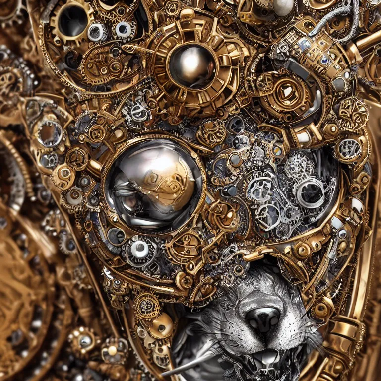 Image similar to A close up symmetric steampunk fox head with sparkling eyes made from ornate engraved full plate armor and Rolex gears and jewels and gems, macro shot by Justin Gerard, unreal engine, detailed, intricate, physically based rendering