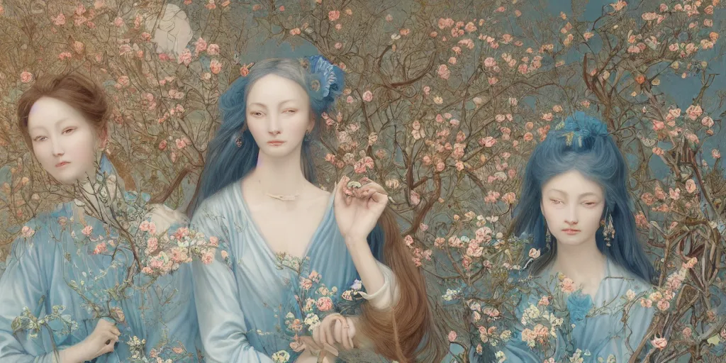 Image similar to breathtaking detailed concept art painting portrait of two goddess of light blue flowers by hsiao - ron cheng, carroty hair, orthodox saint, with anxious piercing eyes, vintage illustration pattern background with bizarre compositions blend of flowers and fruits and birds by beto val and john james audubon, exquisite detail, extremely moody lighting, 8 k