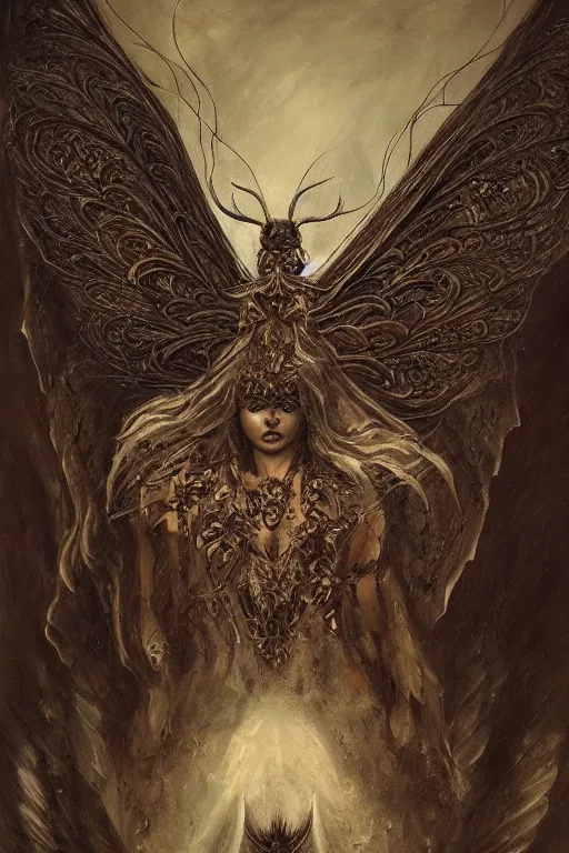 Image similar to portrait of an ominous looming moth angel at a dark shrine, oil on canvas, experimental gothic style, ornate, elegant, detailed, prominent intricate wings, concept art, trending on artstation, javascript enabled